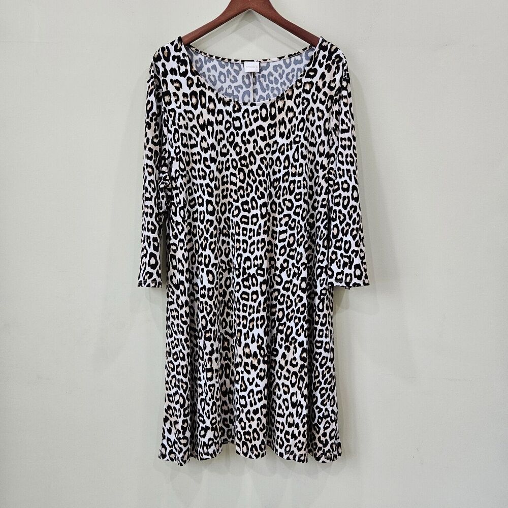 Chicos Womens Leopard Print Shift Dress Liquid Knit Black Tan Long Sleeve Artsy